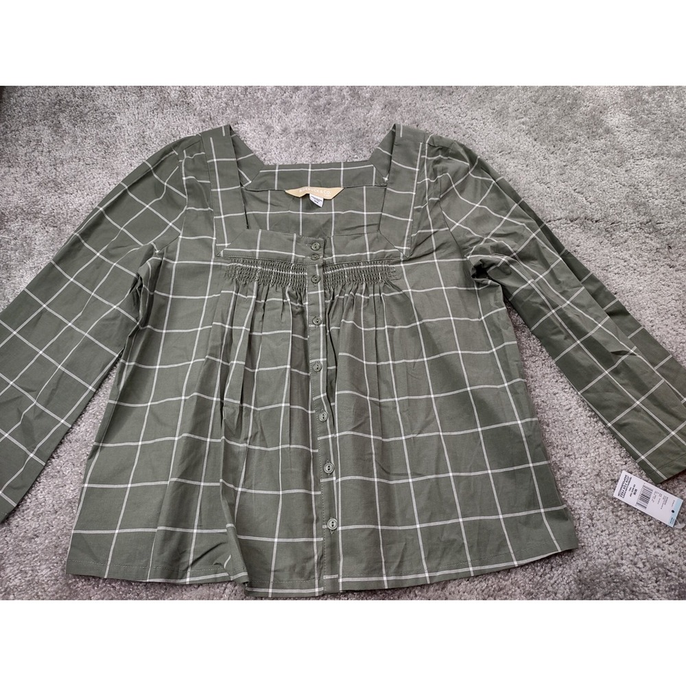 Roebuck & Co Grid Pattern Blouse Green White Square Neckline Women's Size Medium